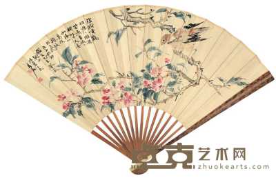 朱其石 王蕴章 丙子（1936年）作 桃花小鸟 二体书法 51.2×18.8cm